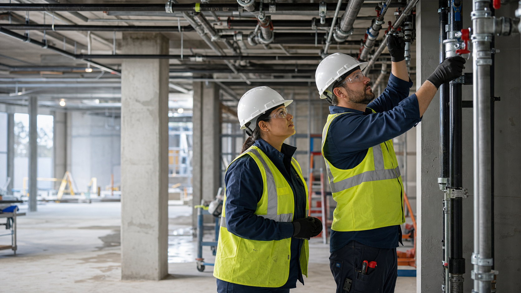Commercial trade partners reviewing property service infrastructure